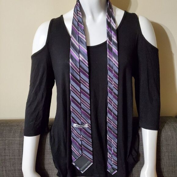 DKNY Gray, Purple, & White Striped Silk Tie - Picture 4 of 5